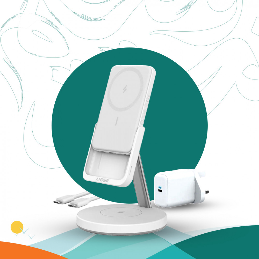 شاحن لاسلكي أنكر مغناطيسي مع بطاريه بسعه 5000 ملي أمبير - ابيض